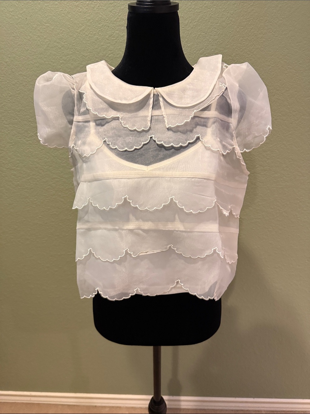 Sheer Off White Scallop-Trim Puff Sleeve Top